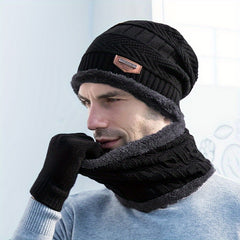 Winter Knitted Hat Scarf Gloves Set Fleece Lining Warm Touch Screen Gloves