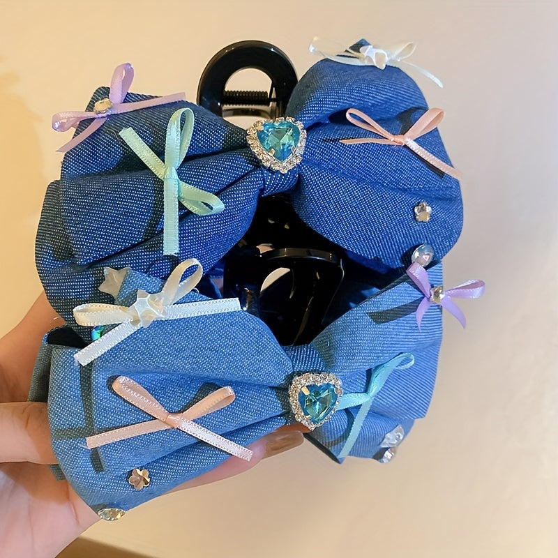 Women Denim Bow Hair Claw Rhinestone Heart Decor Hair Claw