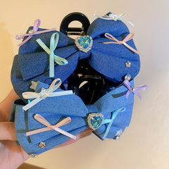 Women Denim Bow Hair Claw Rhinestone Heart Decor Hair Claw