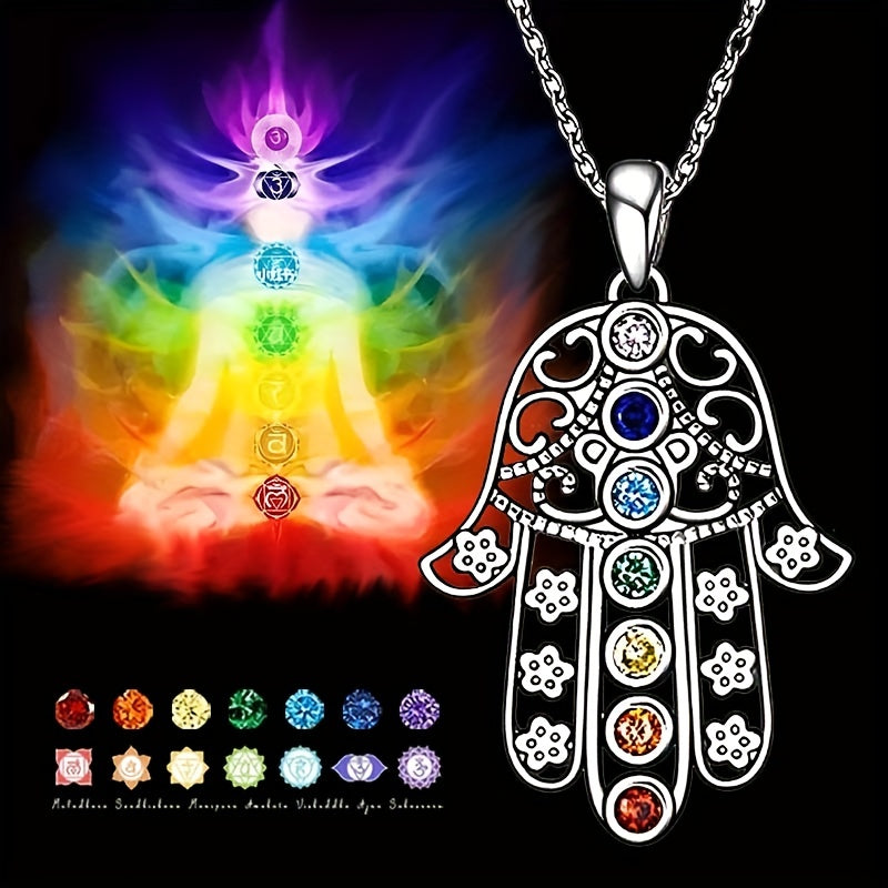 7 Chakra Palm Pendant Yoga Healing Stone Necklace Energy Balance Jewelry