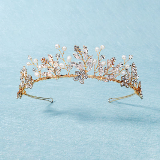 Golden Leaf Crown Hairband Headband Faux Pearl Tiara