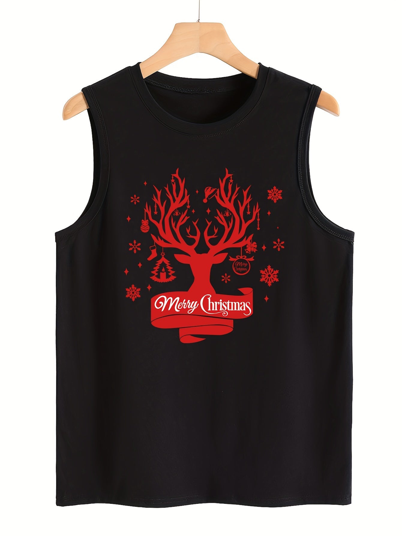 Christmas Tree Print Tank Top Crew Neck Fitted Sleeveless Sports Top