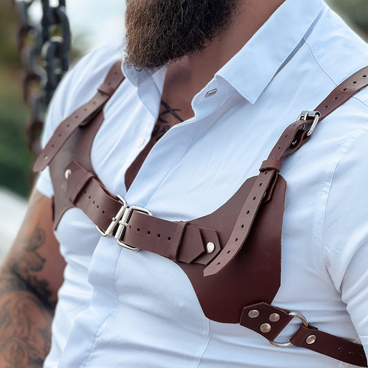 Men's Punk Knight Brown PU Leather Suspenders Suit Shirt Suspenders