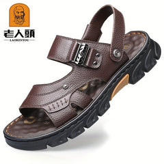 LAORENTOU Men's Leather Non Slip Sandals Comfy Beach Shoes
