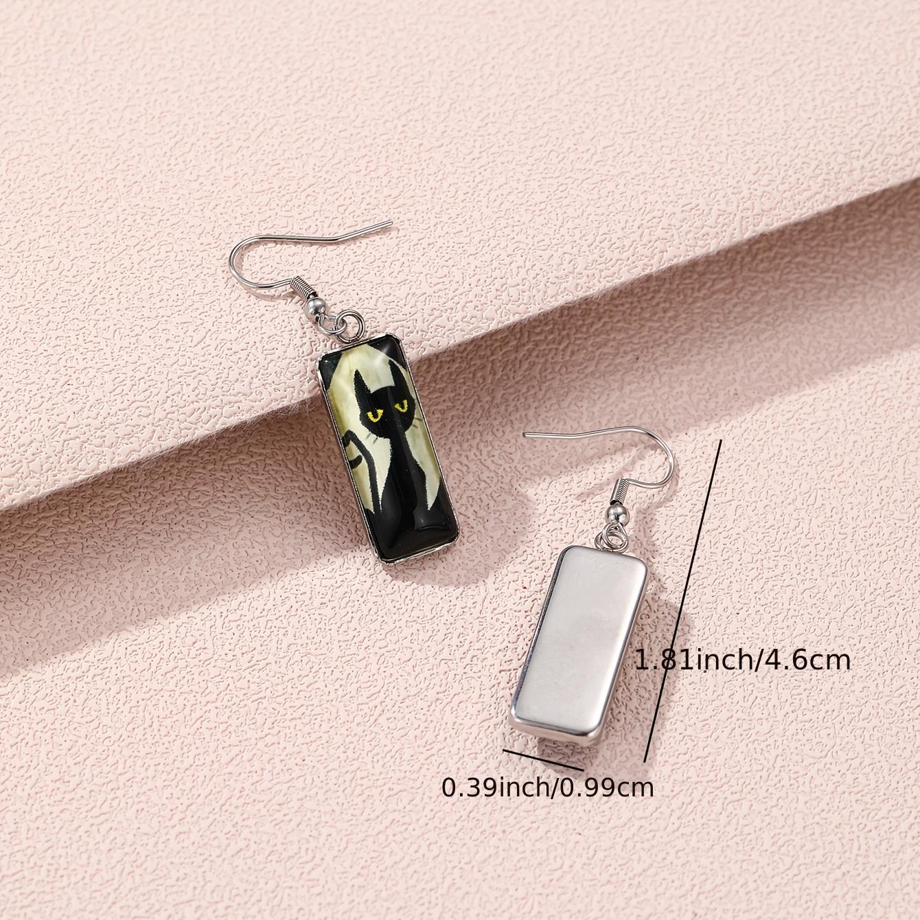 Cat Pattern Rectangle Drop Hook Earrings Jewelry Kitten Animal Party