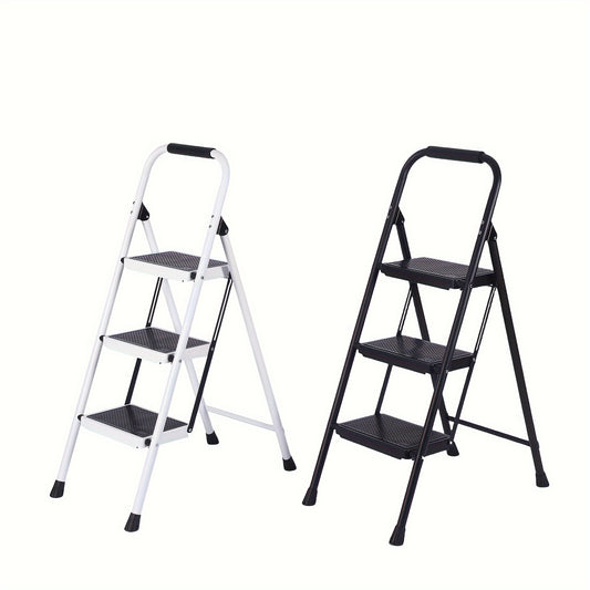 3 Step Folding Ladder Handle Non Slip Wide Treads Steel Stepstool Portable