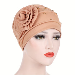 Beaded Turban Cap Solid Pleated Head Wraps Classic Elastic Hijab