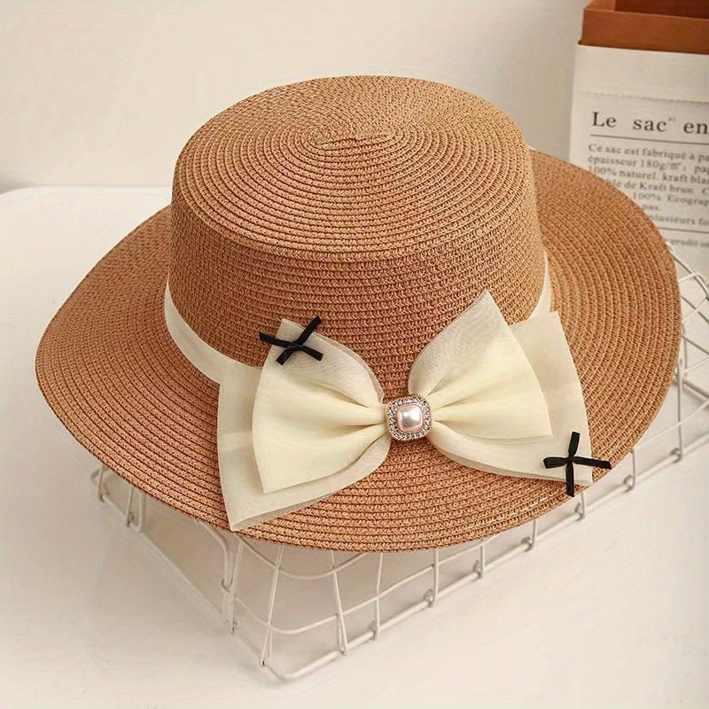 Mesh Bow Decor Sun Hat Flat Top Straw Fedora Solid Jazz Hat