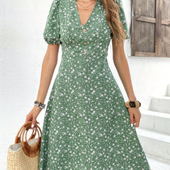 Floral Print Button V Neck Dress
