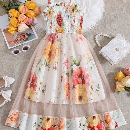 Girls Floral Print Mesh Sleeveless Cami Dress for Summer