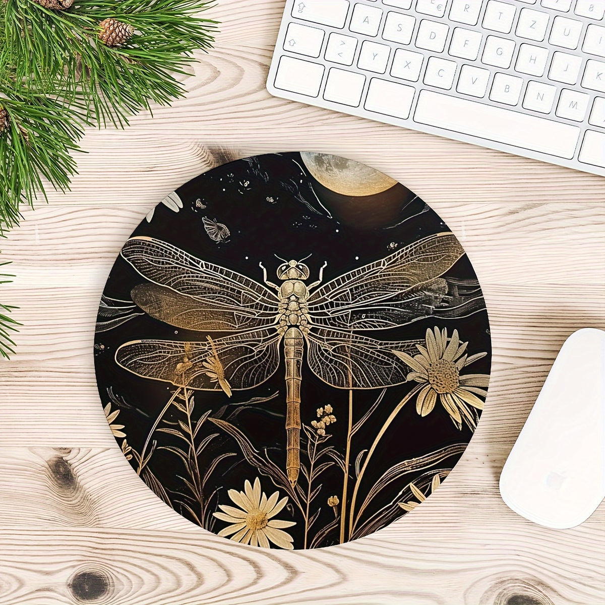 Retro Dragonfly Round Mouse Pad Non-slip Rubber Base