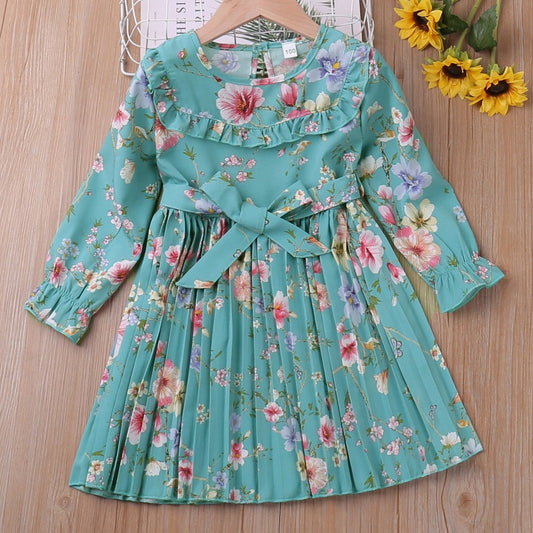 Girls Floral Botanical Print Long Sleeve Dress