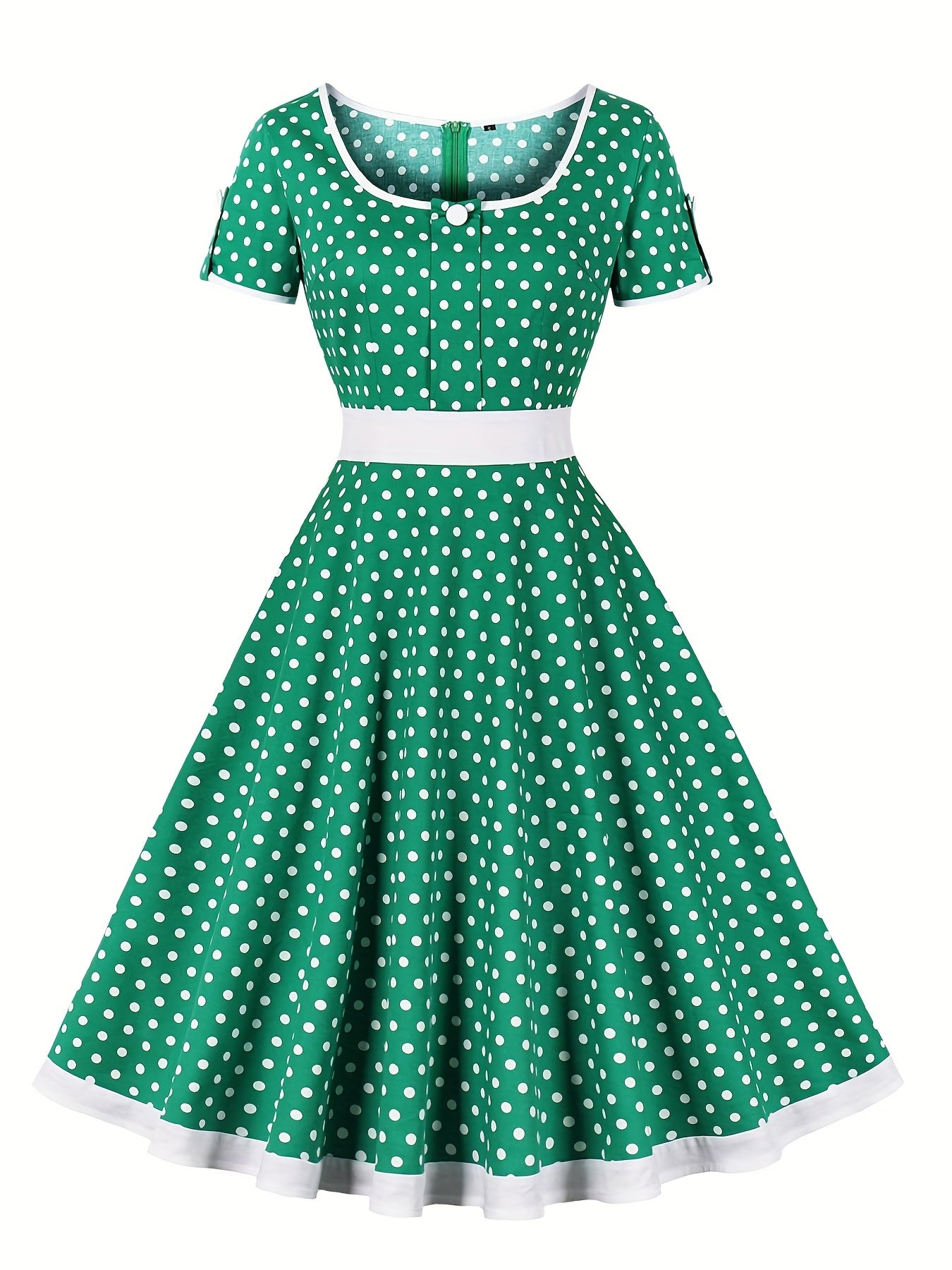 Retro Polka Dot Swing Dress Vintage Crew Neck Puff Sleeve Waist Summer Dresses