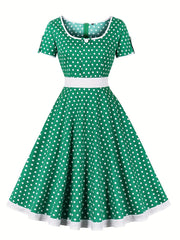 Retro Polka Dot Swing Dress Vintage Crew Neck Puff Sleeve Waist Summer Dresses