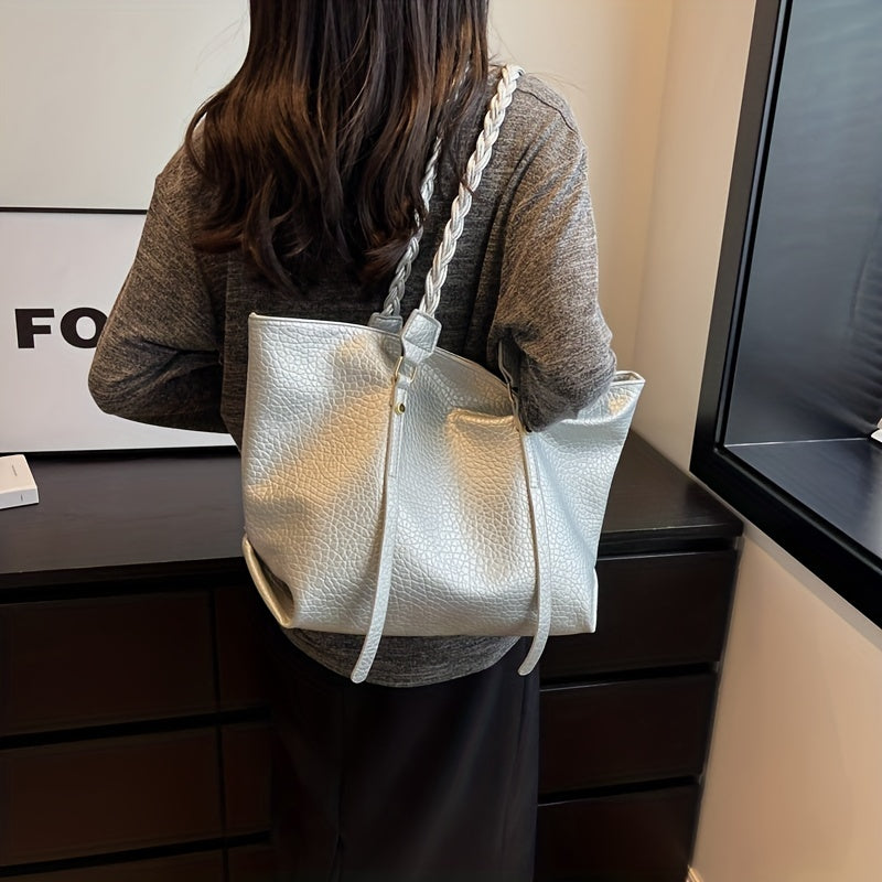 Minimalist Solid Tote Bag Large Capacity Shoulder Bag With Twisted Straps