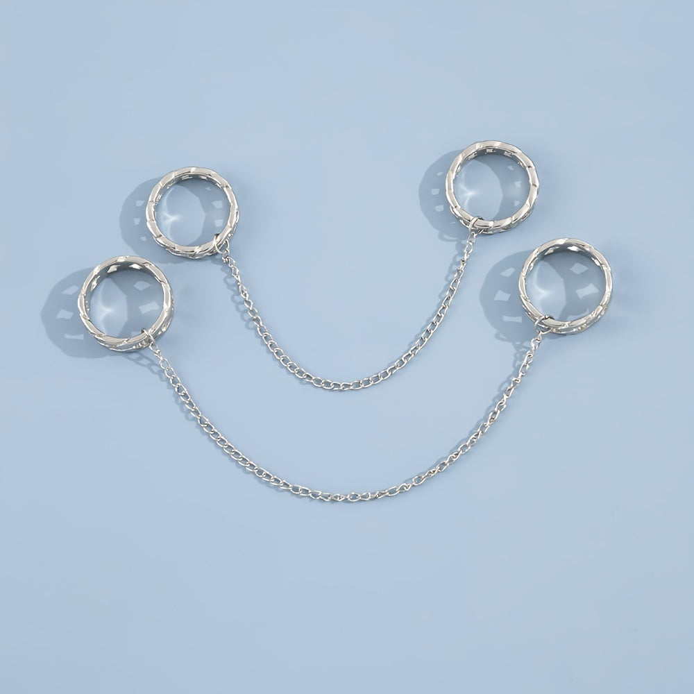 Silver 4 Finger Stacking Ring Double Rings Attached Tassel Chain Ring