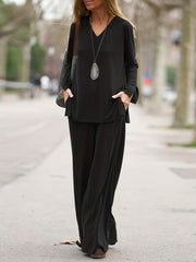 V Neck Split Top & Wide Leg Pants Set