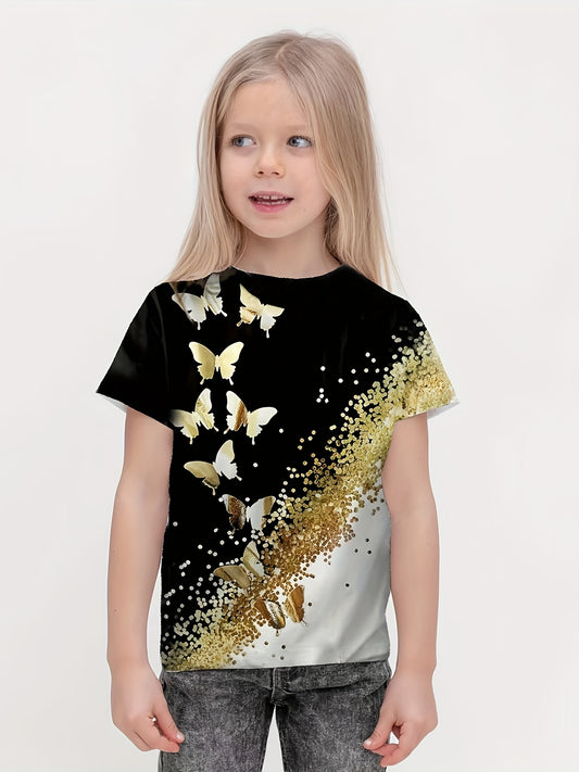 Girls 3D Butterfly & Sequin Print Graphic T-Shirt Short Sleeve Summer Top