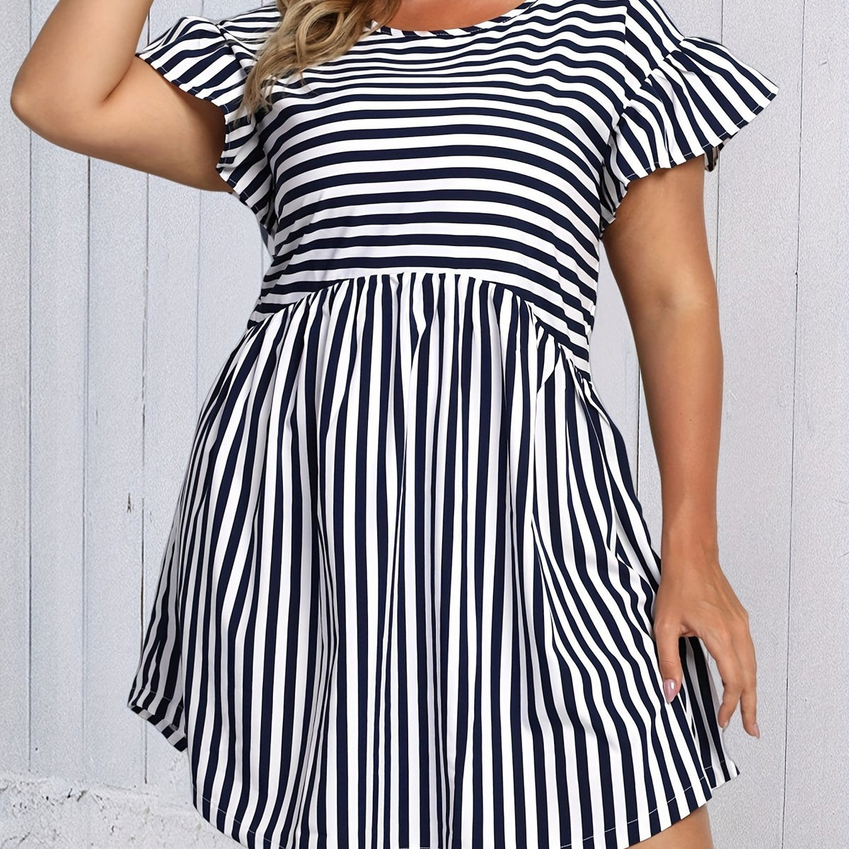  Stripe Print Ruffle Trim Mini Dress