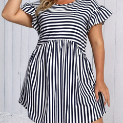  Stripe Print Ruffle Trim Mini Dress