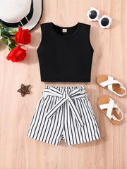 Girls Sleeveless Crop Tank Top & Stripes Shorts Set Kids Summer Clothes