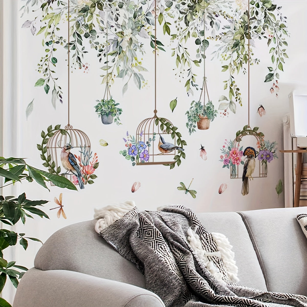 2pcs Flower Vine Tree Branches And Birds Wall Stickers Self Adhesive Decor