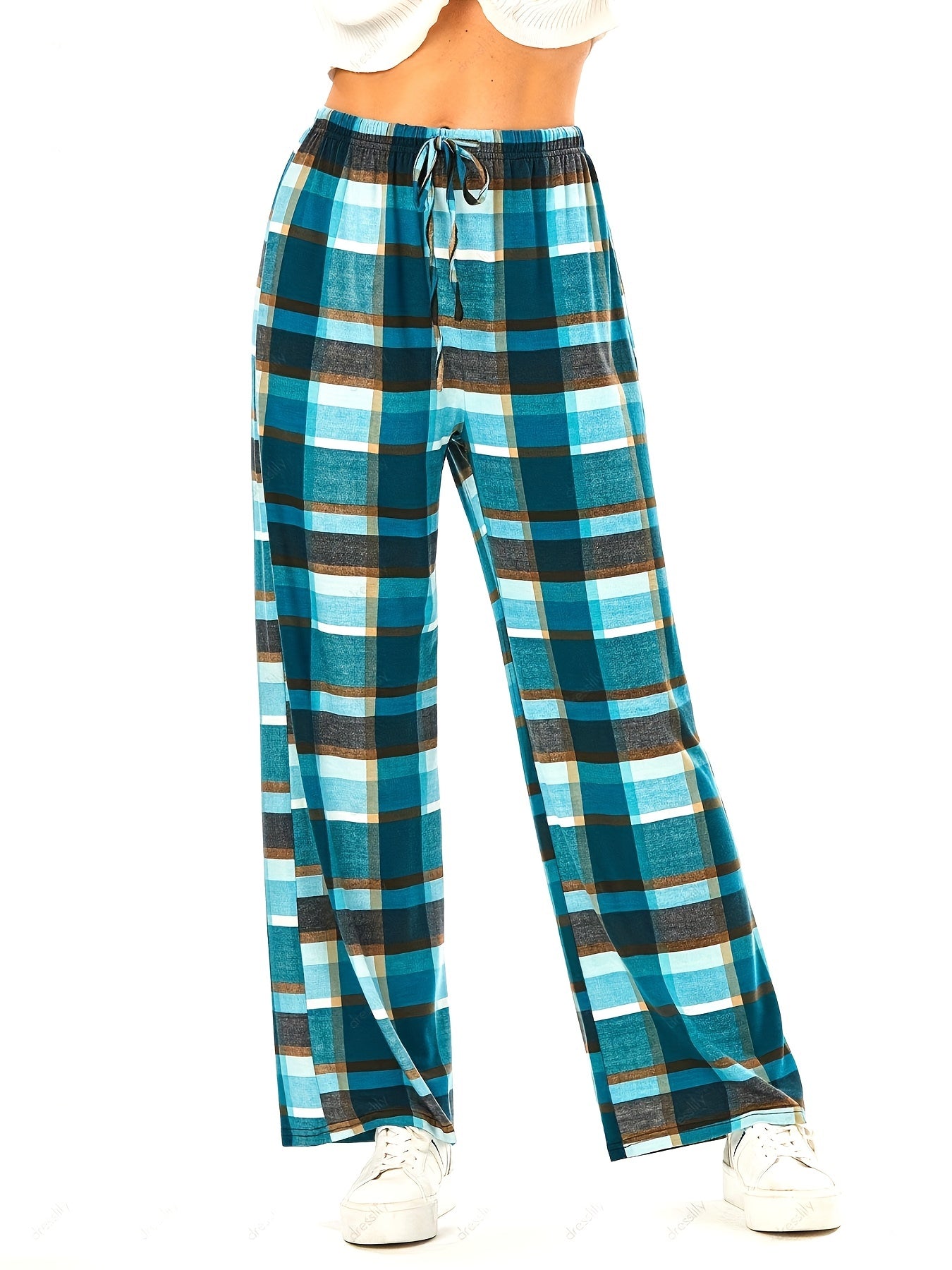  Plaid Print Straight Leg Comfy Pants