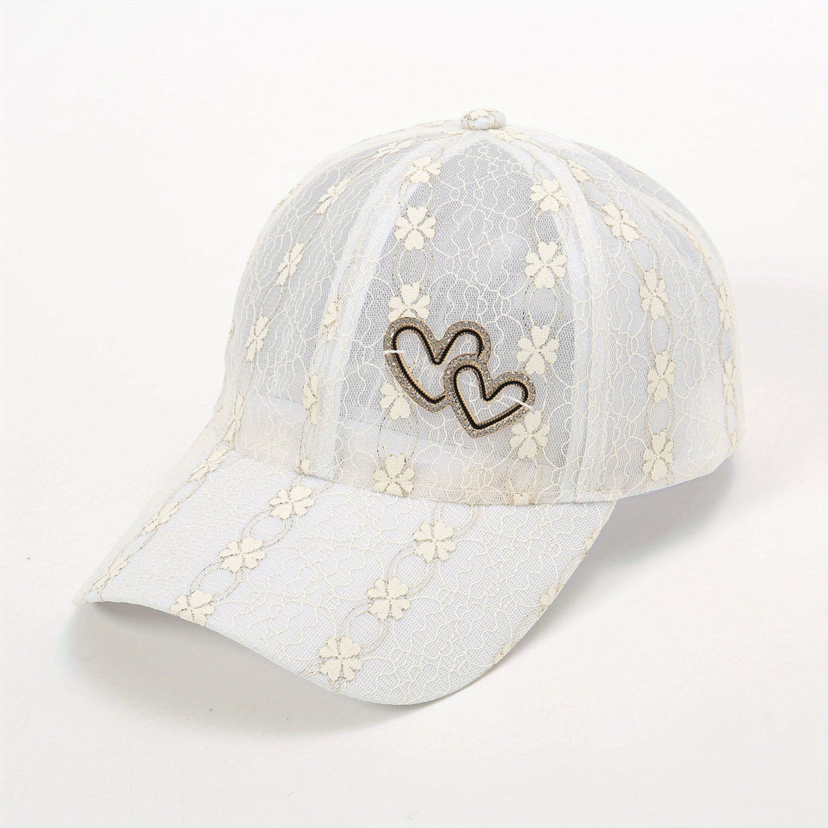 Lace Floral Embroidered Baseball Cap Heart Label Mesh Overlay Breathable Sun Hat
