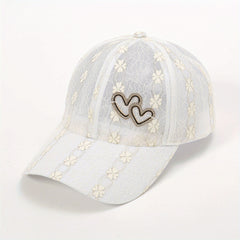 Lace Floral Embroidered Baseball Cap Heart Label Mesh Overlay Breathable Sun Hat