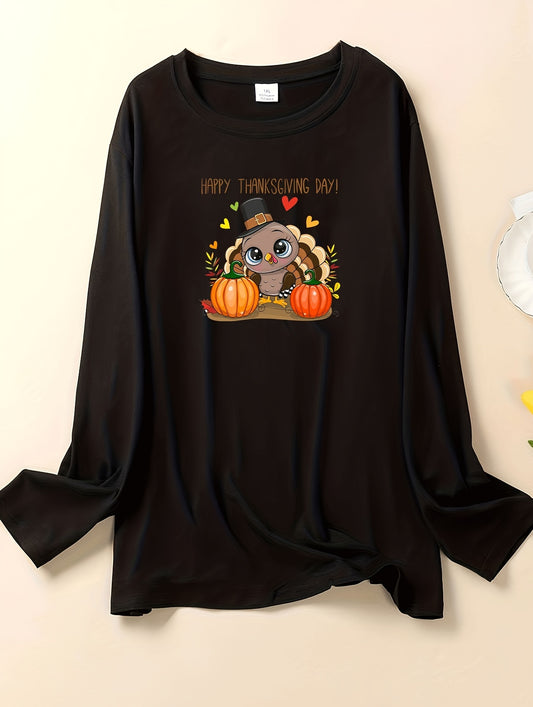  Turkey & Pumpkin Print Long Sleeve Round Neck Lounge Top