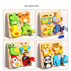2pcs Wooden Animal Puzzles for Kids - Educational Shapes with Bright Colors