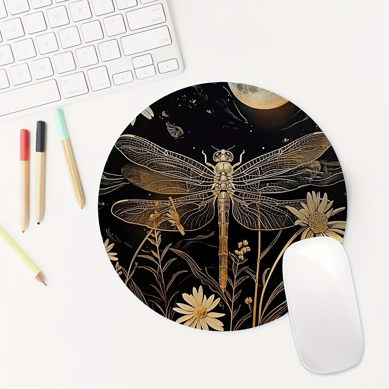 Retro Dragonfly Round Mouse Pad Non-slip Rubber Base