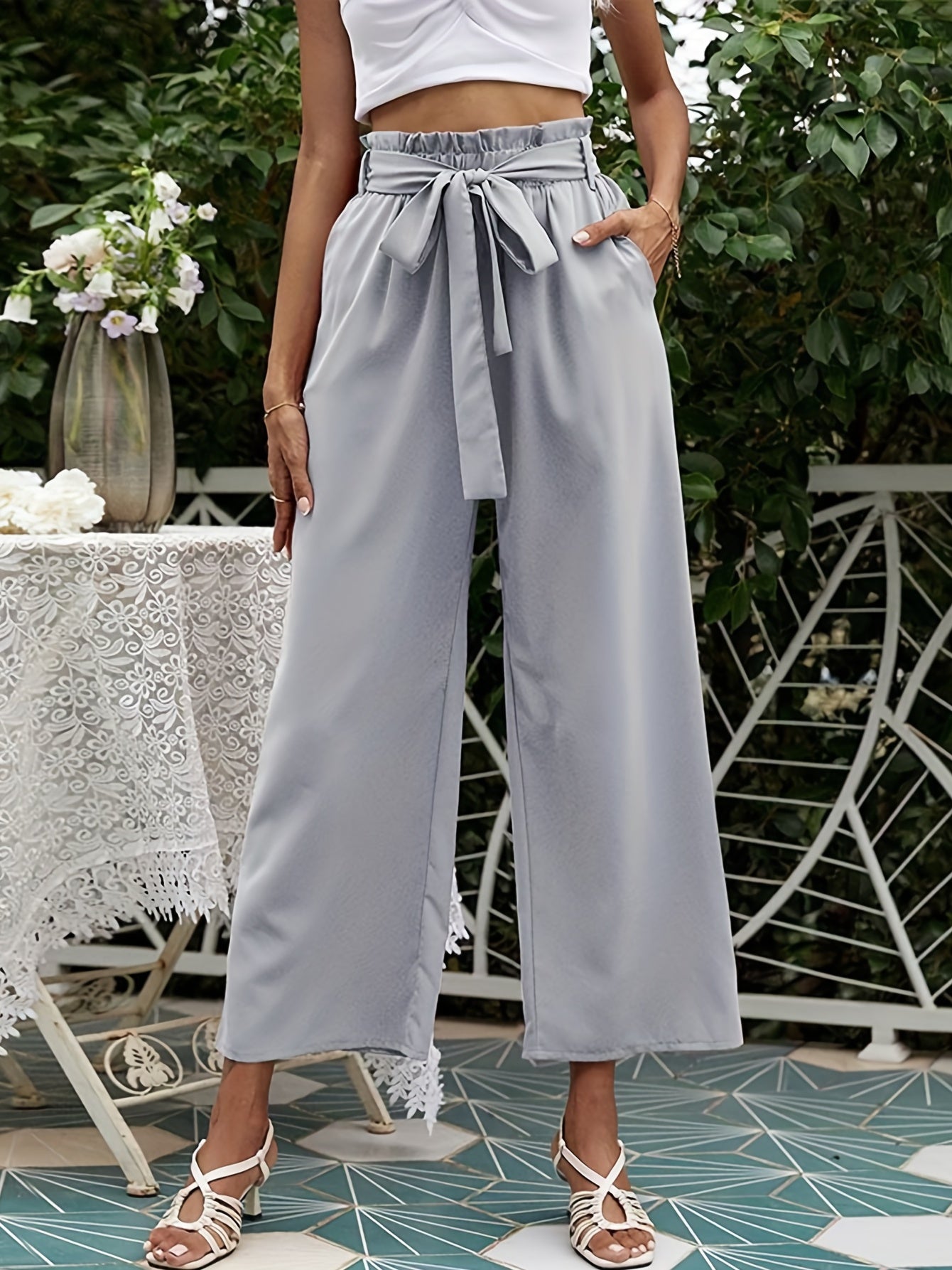 Boho Smocked Wide Leg Pants High Waist Solid Palazzo