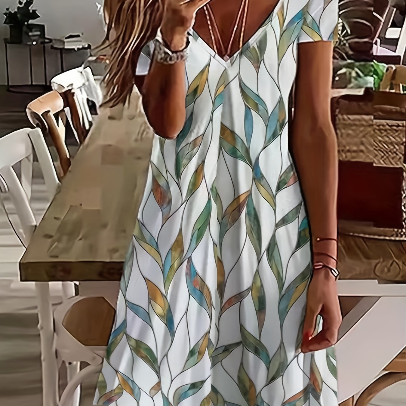 Leaves Print V Neck Dress Vacation Short Sleeve Random Printing Dress