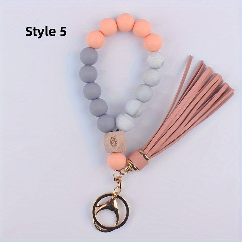Silicone Beaded Bracelet Keychain Bangle Keyring Pendant Bag Charm