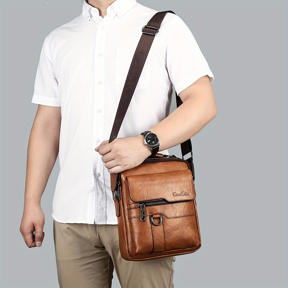 Men's Vertical Leather Shoulder Bag Cross Body Messenger Bag
