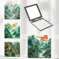 Portable Foldable Handheld Makeup Mirror with Classical Chinese Landscape Art