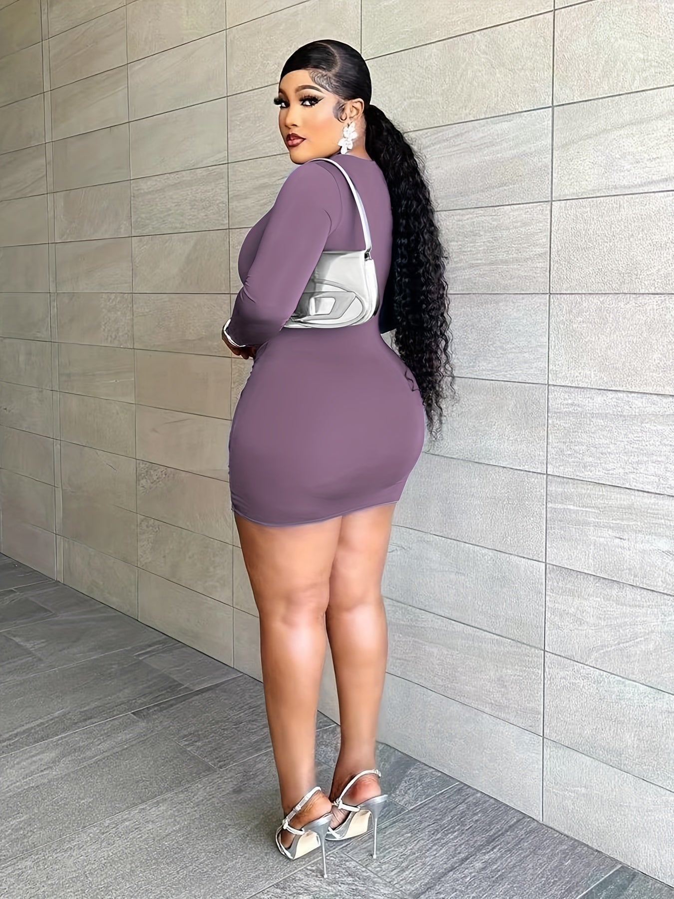  Solid Ring Long Sleeve Bodycon Mini Dress