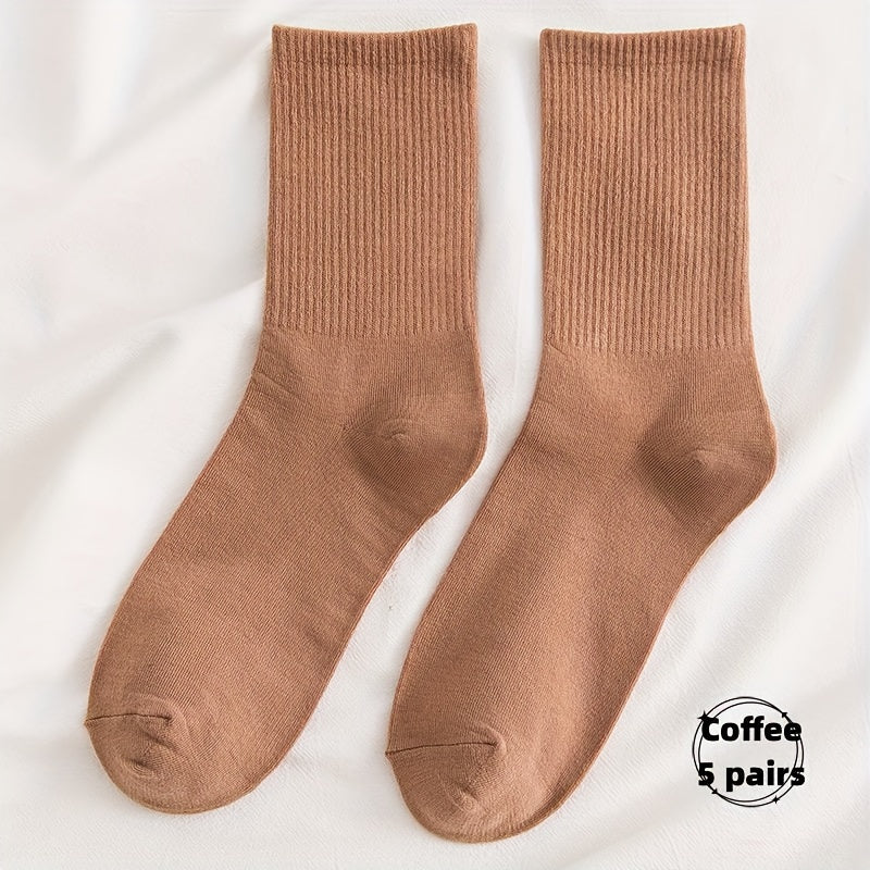5 Pairs Warm Mid Tube Women's Solid Socks Comfy Stockings