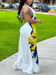  Daisy Print Halter Neck Maxi Dress