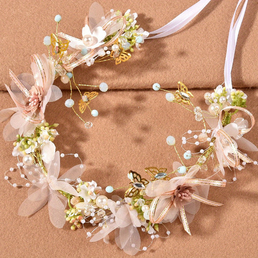 Girls Flower Headband with Faux Pearl Decoration for Wedding Party