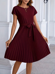 Pleated Tie Front Dress Short Sleeve Casual Solid Dress