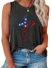  Casual Tank Top Women's Plus Flag Pattern Cross Print Tank Top