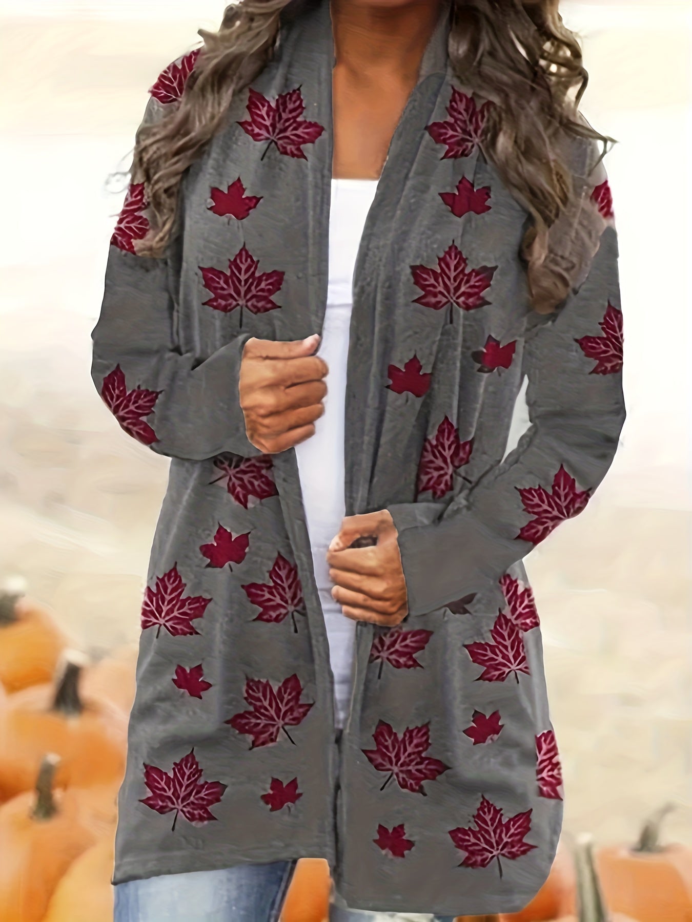  Leaf Print Cardigan Long Sleeve Stretch Coat