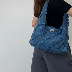 Denim Shoulder Bag Argyle Pattern Tassel Decor Hobo Bag Turn Lock Storage
