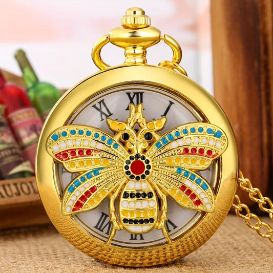 Vintage Hollow Bee Flower Pendant Necklace Quartz Watch for Kids