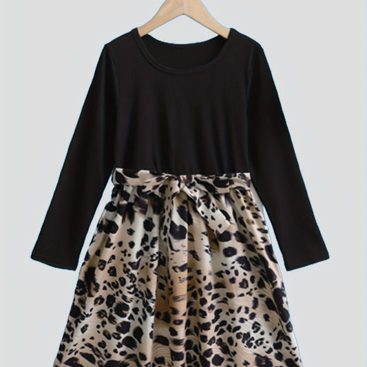 Girls Fall Dress Vintage Leopard Print Long Sleeve Casual Dresses