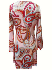 Paisley Print Vintage V Neck Long Sleeve Dress Women's Clothing