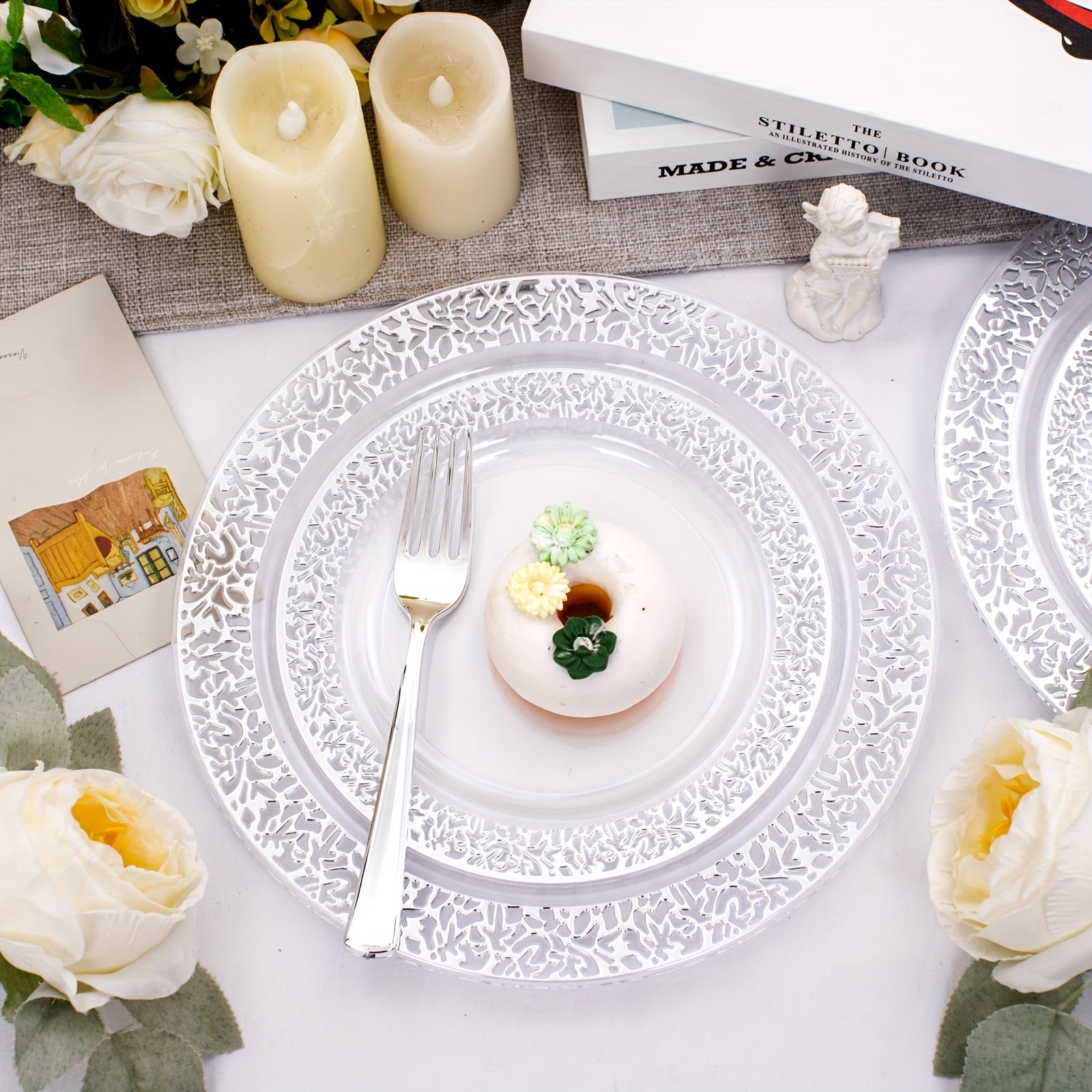 150 PCS Silvery Dinnerware Set - Plates, Silverware, Cups