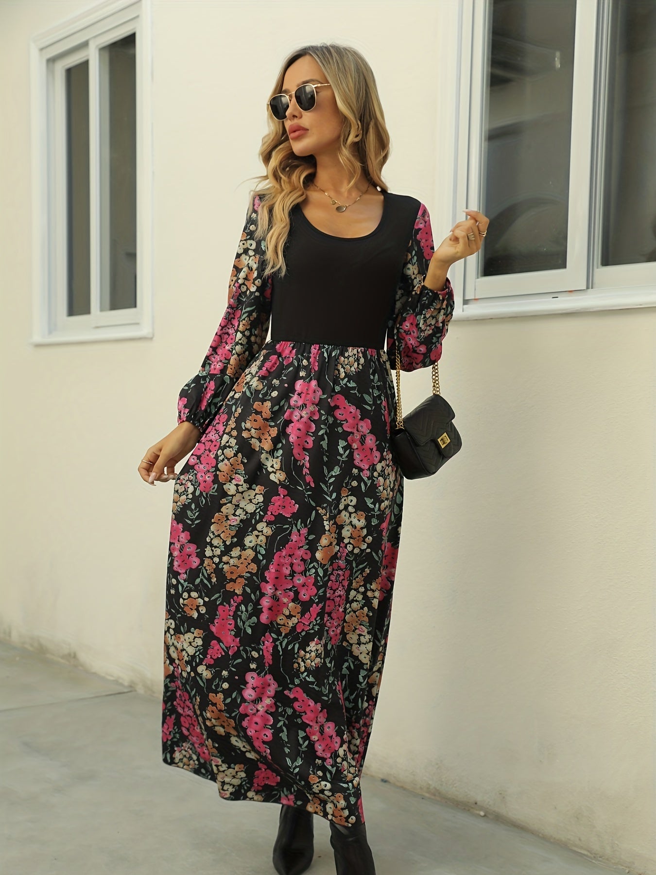 Women's Plus Colorblock Floral Print Long Sleeve Round Neck Maxi Dress